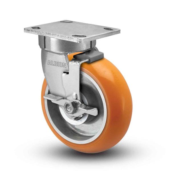 Kingpinless 6"x2" Ergonomic Brake Caster with Orange MAX-Efficiency Wheel