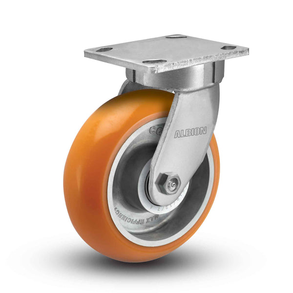 Ergonomic 8"x2" Kingpinless Swivel Caster with Orange MAX-Efficiency Wheel
