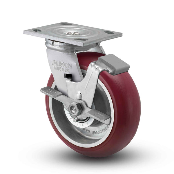 Main view of an Albion Casters 6" x 2" wide wheel Swivel caster with 4" x 4-1/2" top plate, with a side locking brake, AX - Round Polyurethane (Aluminum Core) wheel and 1250 lb. capacity part# 16AX06228SFBA