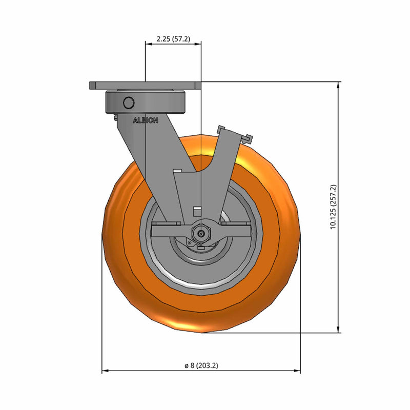 Kingpinless 8"x2" Ergonomic Brake Caster with Orange MAX-Efficiency Wheel