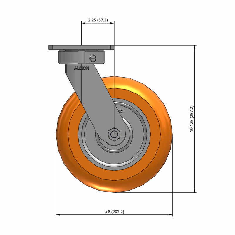 Ergonomic 8"x2" Kingpinless Swivel Caster with Orange MAX-Efficiency Wheel