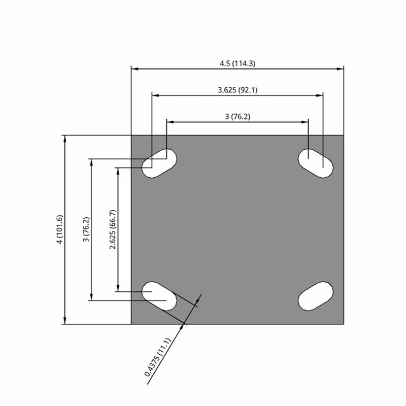 Side dimensioned CAD view of an Albion Casters 4" x 2" wide wheel Rigid caster with 4" x 4-1/2" top plate, without a brake, AN - Round Polyurethane (Aluminum Core) wheel and 800 lb. capacity part