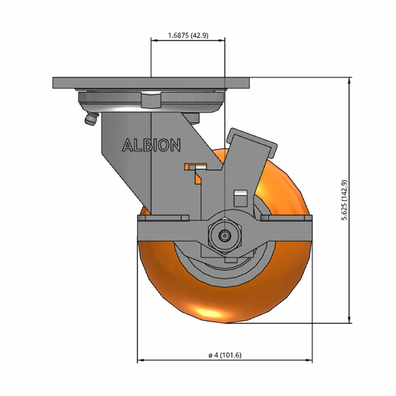 Front dimensioned CAD view of an Albion Casters 4" x 2" wide wheel Swivel caster with 4" x 4-1/2" top plate, with a side locking brake, AN - Round Polyurethane (Aluminum Core) wheel and 800 lb. capacity part