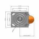Side dimensioned CAD view of an Albion Casters 4" x 2" wide wheel Swivel caster with 4" x 4-1/2" top plate, without a brake, AN - Round Polyurethane (Aluminum Core) wheel and 800 lb. capacity part