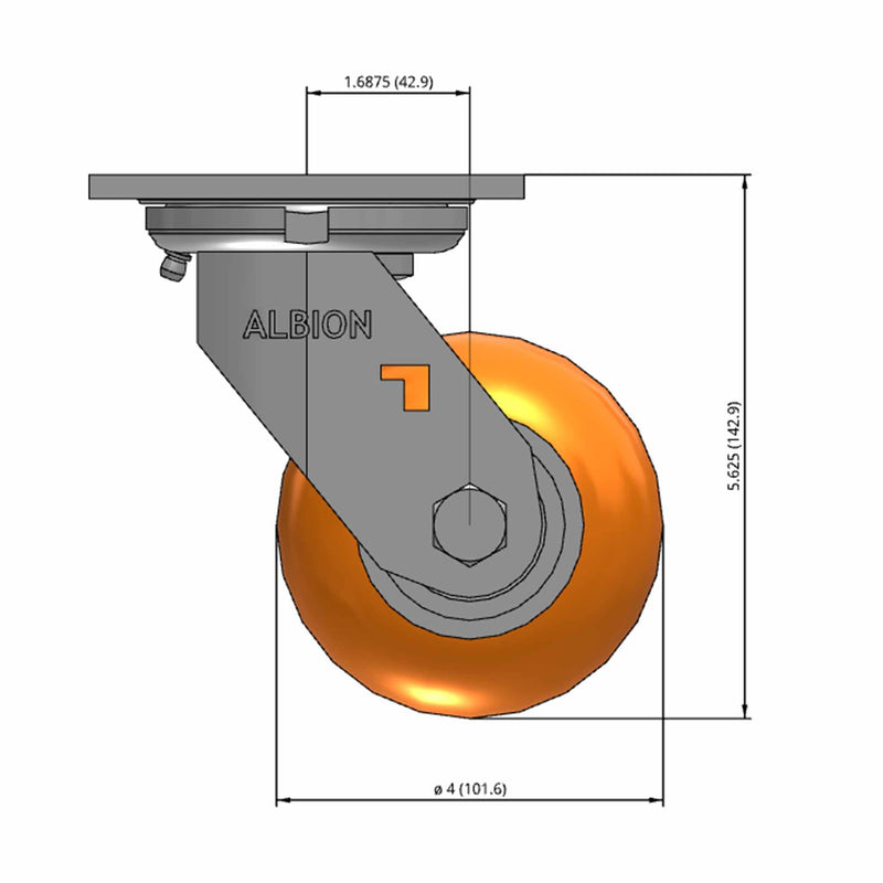 Front dimensioned CAD view of an Albion Casters 4" x 2" wide wheel Swivel caster with 4" x 4-1/2" top plate, without a brake, AN - Round Polyurethane (Aluminum Core) wheel and 800 lb. capacity part