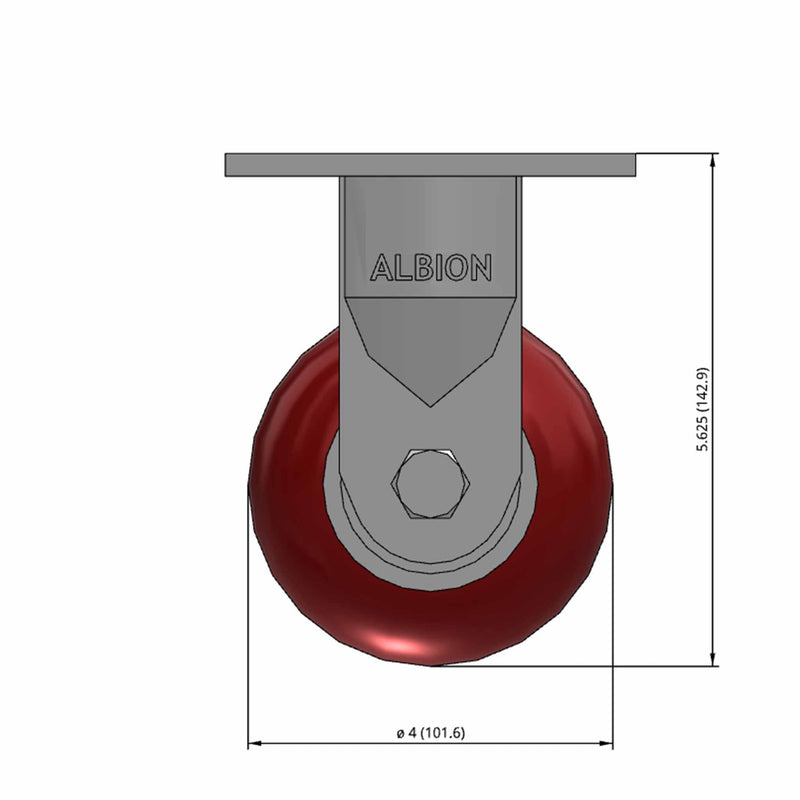 Front dimensioned CAD view of an Albion Casters 4" x 2" wide wheel Rigid caster with 4" x 4-1/2" top plate, without a brake, AX - Round Polyurethane (Aluminum Core) wheel and 700 lb. capacity part