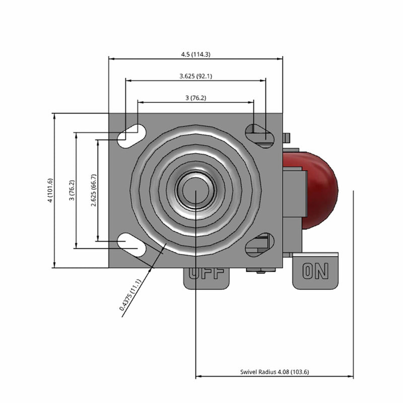 Side dimensioned CAD view of an Albion Casters 4" x 2" wide wheel Swivel caster with 4" x 4-1/2" top plate, with a side locking brake, AX - Round Polyurethane (Aluminum Core) wheel and 700 lb. capacity part