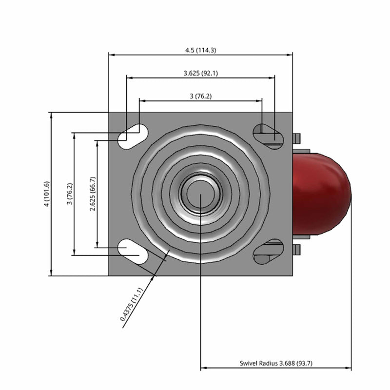 Side dimensioned CAD view of an Albion Casters 4" x 2" wide wheel Swivel caster with 4" x 4-1/2" top plate, without a brake, AX - Round Polyurethane (Aluminum Core) wheel and 700 lb. capacity part