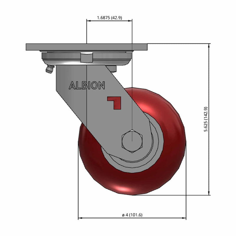 Front dimensioned CAD view of an Albion Casters 4" x 2" wide wheel Swivel caster with 4" x 4-1/2" top plate, without a brake, AX - Round Polyurethane (Aluminum Core) wheel and 700 lb. capacity part