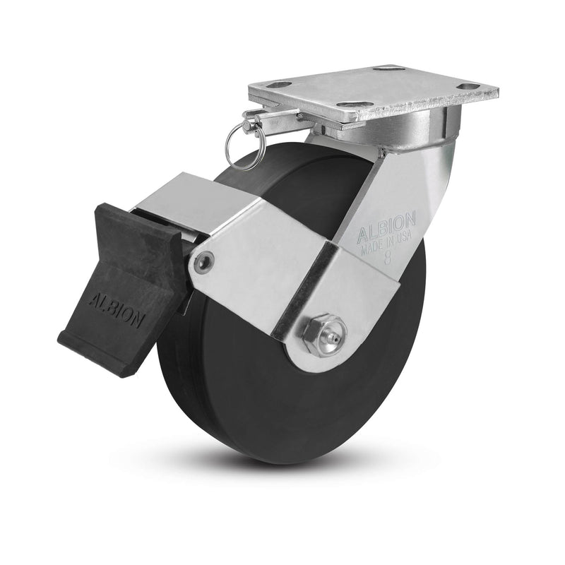8"x2" Kingpinless Ergonomic Caster 9.5 OAH – USA Rig, Trionix Steel Replacement Wheel, Face Brake, Swivel Lock