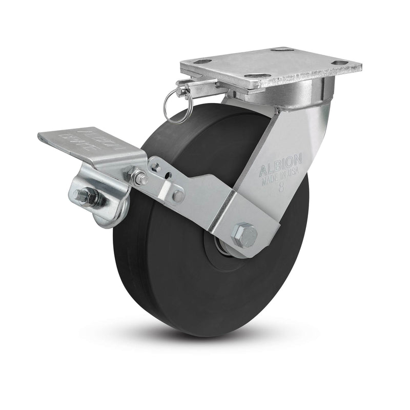 8"x2" Kingpinless Ergonomic Caster 9.5 OAH – USA Rig, Trionix Steel Replacement Wheel, Metal Face Brake, Swivel Lock