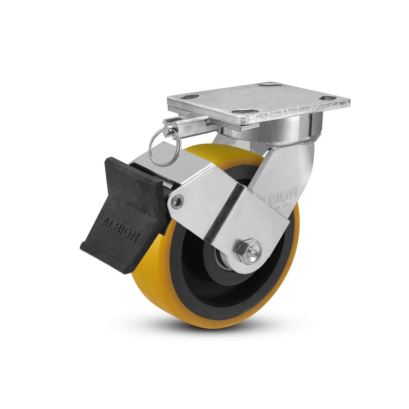 6"x2" Kingpinless Ergonomic Caster – USA Rig, Heavy-Duty Polyurethane Wheel, Face Brake, Swivel Lock
