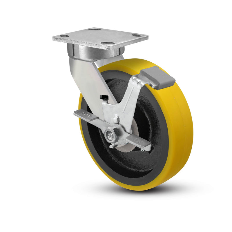 8"x2" Kingpinless Ergonomic Caster 9.5 OAH – USA Rig, Heavy-Duty Polyurethane Wheel, Side Brake
