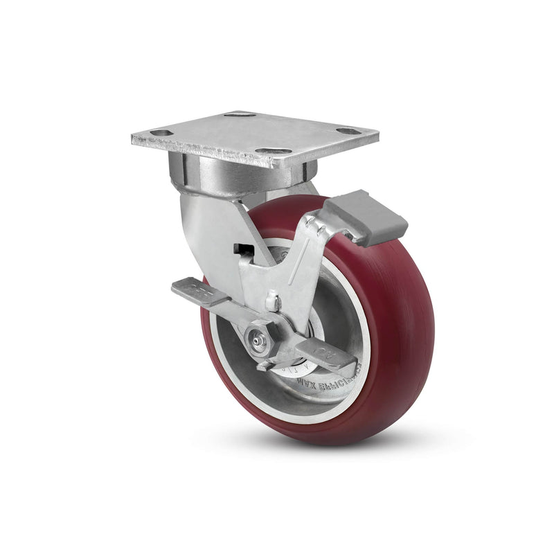 4"x2" Kingpinless Ergonomic Caster – USA Rig, MAX-Efficiency Maroon Poly Wheel, Side Brake