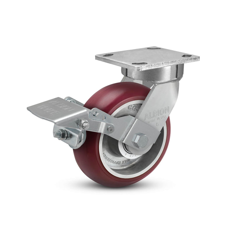 6"x2" Kingpinless Ergonomic Caster – USA Rig, MAX-Efficiency Maroon Poly Wheel, Metal Face Brake