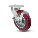 8"x2" Kingpinless Ergonomic Caster 9.5 OAH – USA Rig, MAX-Efficiency Maroon Poly Wheel, Side Brake