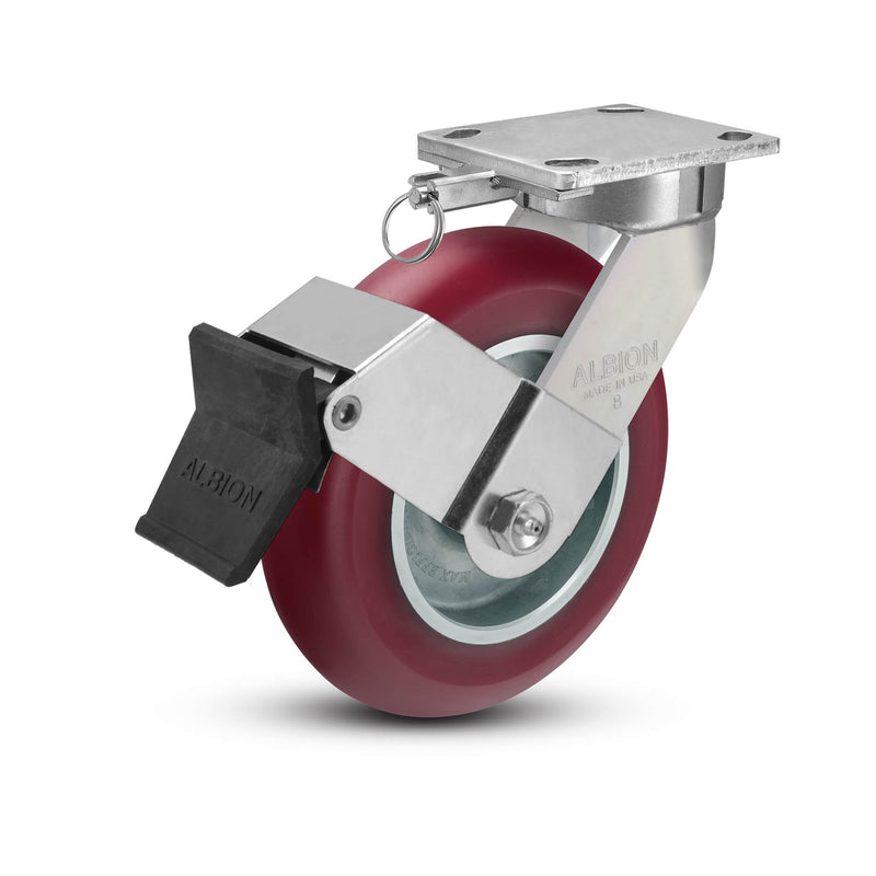 8"x2" Kingpinless Ergonomic Caster 9.5 OAH – USA Rig, MAX-Efficiency Maroon Poly Wheel, Face Brake, Swivel Lock