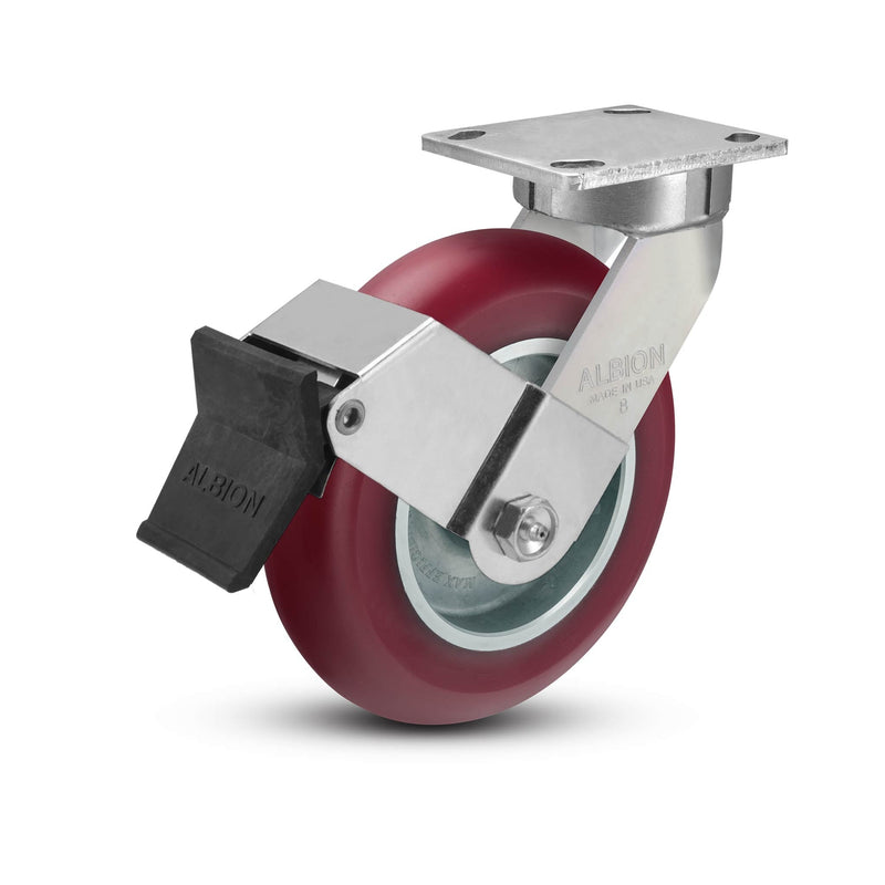 8"x2" Kingpinless Ergonomic Caster 9.5 OAH – USA Rig, MAX-Efficiency Maroon Poly Wheel, Face Brake