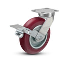 8"x2" Kingpinless Ergonomic Caster 9.5 OAH – USA Rig, MAX-Efficiency Maroon Poly Wheel, Metal Face Brake