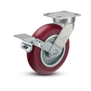 8"x2" Kingpinless Ergonomic Caster – USA Rig, MAX-Efficiency Maroon Poly Wheel, Metal Face Brake