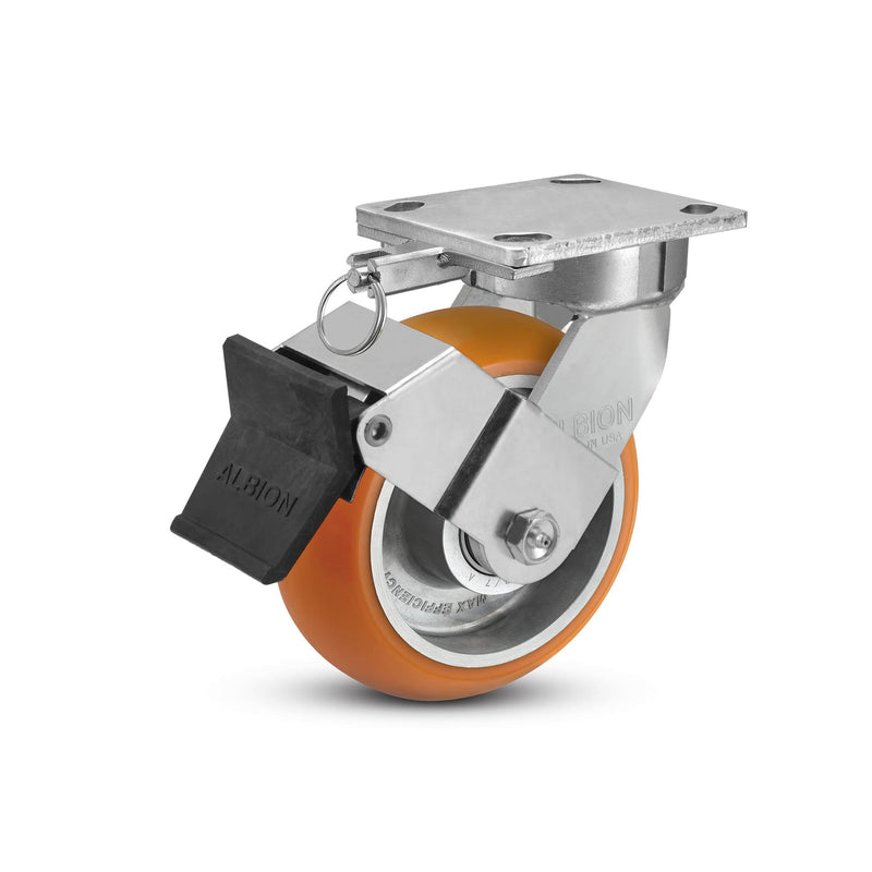 6"x2" Kingpinless Ergonomic Caster – USA Rig, MAX-Efficiency Orange Poly Wheel, Face Brake, Swivel Lock