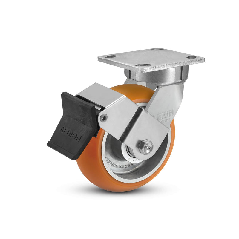 4"x2" Kingpinless Ergonomic Caster – USA Rig, MAX-Efficiency Orange Poly Wheel, Face Brake