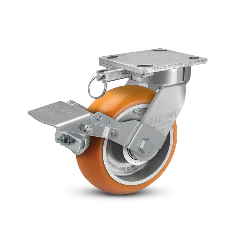 6"x2" Kingpinless Ergonomic Caster – USA Rig, MAX-Efficiency Orange Poly Wheel, Metal Face Brake, Swivel Lock