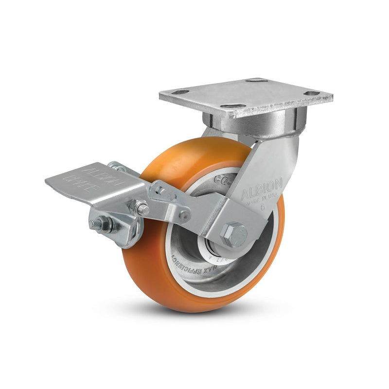 6"x2" Kingpinless Ergonomic Caster – USA Rig, MAX-Efficiency Orange Poly Wheel, Metal Face Brake