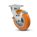 8"x2" Kingpinless Ergonomic Caster 9.5 OAH – USA Rig, MAX-Efficiency Orange Poly Wheel, Side Brake