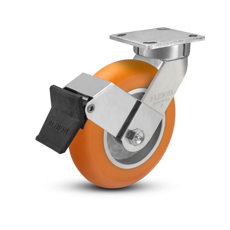 8"x2" Kingpinless Ergonomic Caster 9.5 OAH – USA Rig, MAX-Efficiency Orange Poly Wheel, Face Brake