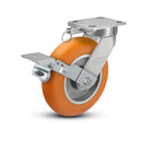 8"x2" Kingpinless Ergonomic Caster – USA Rig, MAX-Efficiency Orange Poly Wheel, Metal Face Brake, Swivel Lock