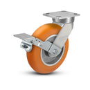 8"x2" Kingpinless Ergonomic Caster 9.5 OAH – USA Rig, MAX-Efficiency Orange Poly Wheel, Metal Face Brake