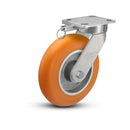 8"x2" Kingpinless Ergonomic Caster 9.5 OAH – USA Rig, MAX-Efficiency Orange Poly Wheel, Swivel Lock