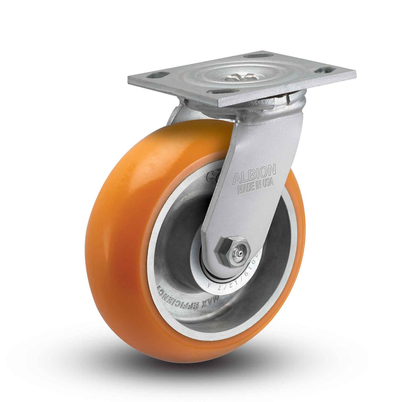 Main view of an Albion Casters 4" x 2" wide wheel Swivel caster with 4" x 4-1/2" top plate, without a brake, AN - Round Polyurethane (Aluminum Core) wheel and 800 lb. capacity part