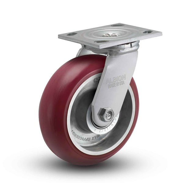 Main view of an Albion Casters 5" x 2" wide wheel Swivel caster with 4" x 4-1/2" top plate, without a brake, AX - Round Polyurethane (Aluminum Core) wheel and 1000 lb. capacity part# 16AX05228S
