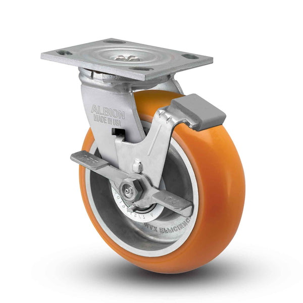 Main view of an Albion Casters 5" x 2" wide wheel Swivel caster with 4" x 4-1/2" top plate, with a side locking brake, AN - Round Polyurethane (Aluminum Core) wheel and 1000 lb. capacity part# 16AN05228SFBA
