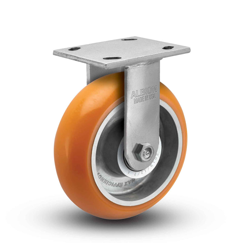 Main view of an Albion Casters 8" x 2" wide wheel Rigid caster with 4" x 4-1/2" top plate, without a brake, AN - Round Polyurethane (Aluminum Core) wheel and 1250 lb. capacity part