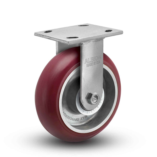 Main view of an Albion Casters 5" x 2" wide wheel Rigid caster with 4" x 4-1/2" top plate, without a brake, AX - Round Polyurethane (Aluminum Core) wheel and 1000 lb. capacity part# 16AX05228R