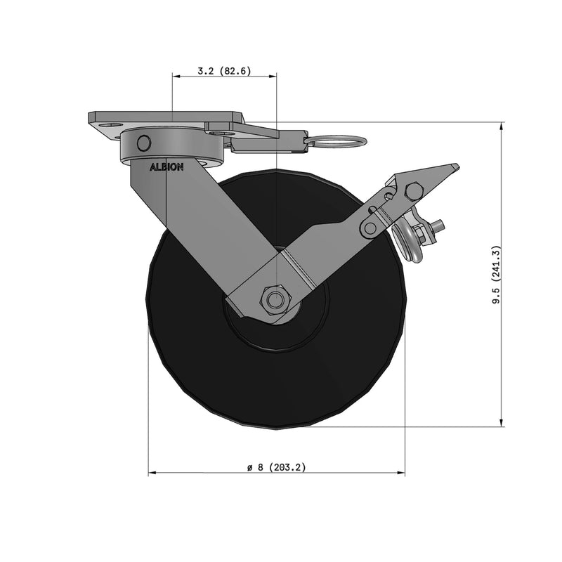 8"x2" Kingpinless Ergonomic Caster 9.5 OAH – USA Rig, Trionix Steel Replacement Wheel, Metal Face Brake, Swivel Lock