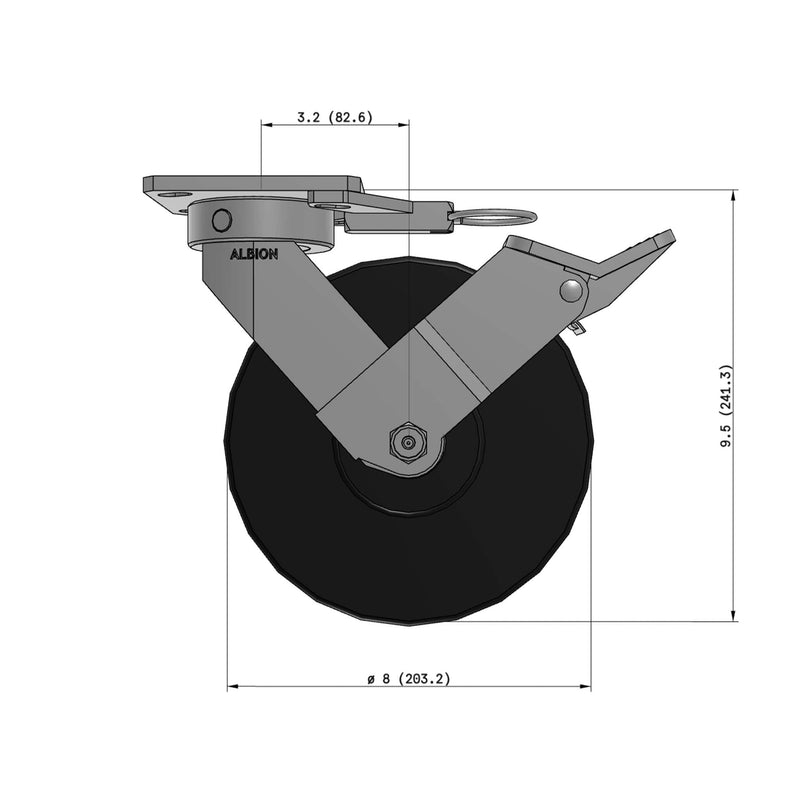8"x2" Kingpinless Ergonomic Caster 9.5 OAH – USA Rig, Trionix Steel Replacement Wheel, Face Brake, Swivel Lock