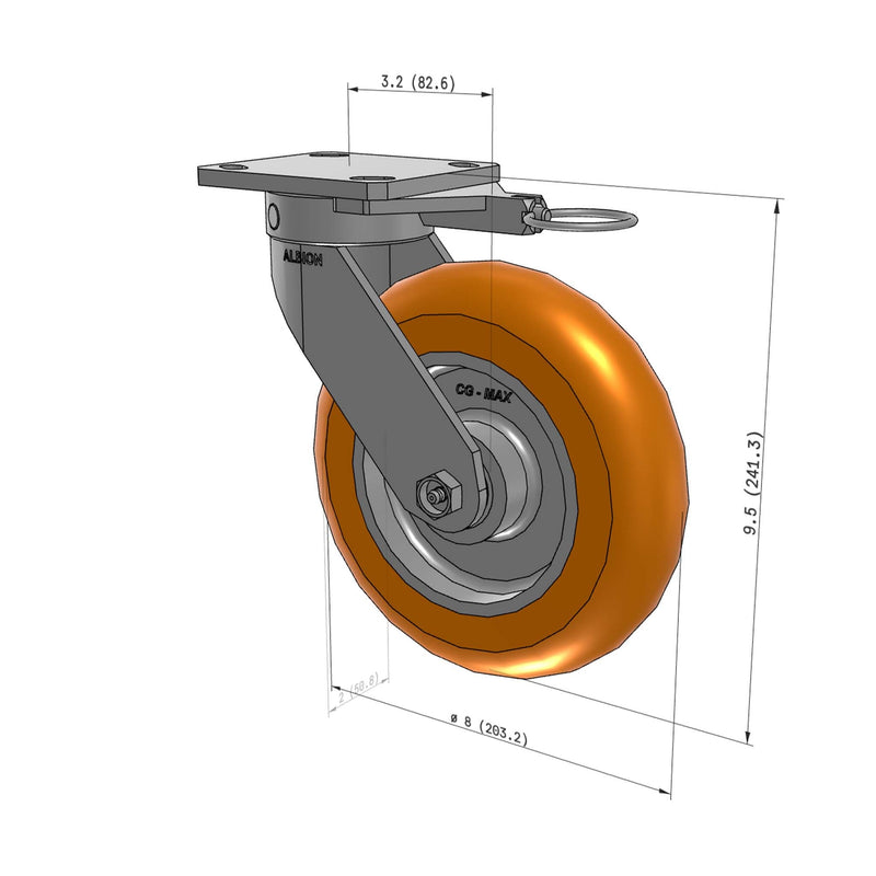 8"x2" Kingpinless Ergonomic Caster 9.5 OAH – USA Rig, MAX-Efficiency Orange Poly Wheel, Swivel Lock