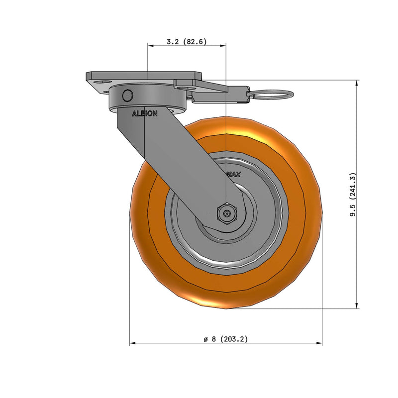 8"x2" Kingpinless Ergonomic Caster 9.5 OAH – USA Rig, MAX-Efficiency Orange Poly Wheel, Swivel Lock