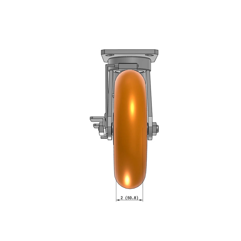 8"x2" Kingpinless Ergonomic Caster 9.5 OAH – USA Rig, MAX-Efficiency Orange Poly Wheel, Side Brake