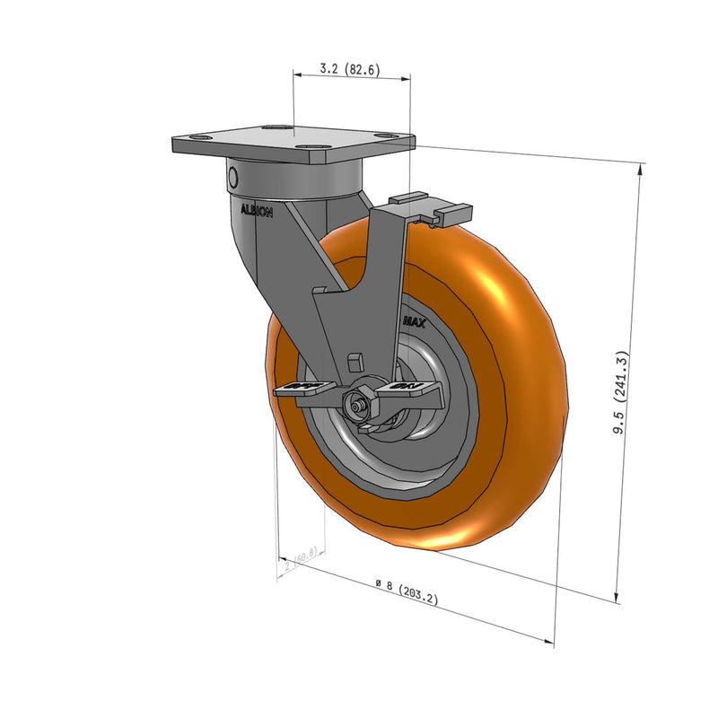8"x2" Kingpinless Ergonomic Caster 9.5 OAH – USA Rig, MAX-Efficiency Orange Poly Wheel, Side Brake