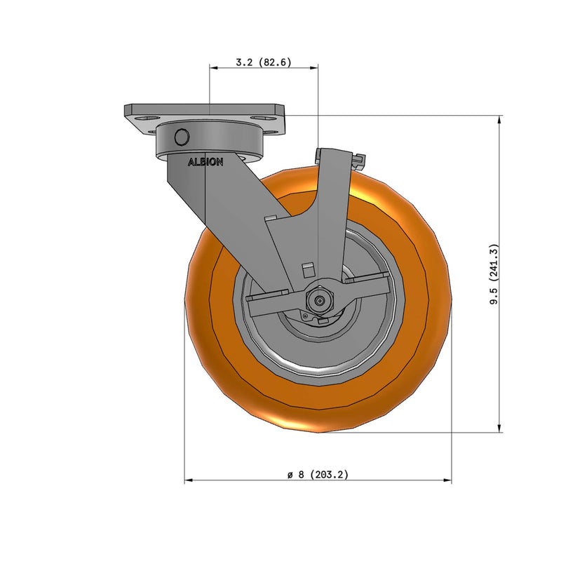 8"x2" Kingpinless Ergonomic Caster 9.5 OAH – USA Rig, MAX-Efficiency Orange Poly Wheel, Side Brake