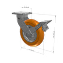 8"x2" Kingpinless Ergonomic Caster 9.5 OAH – USA Rig, MAX-Efficiency Orange Poly Wheel, Metal Face Brake