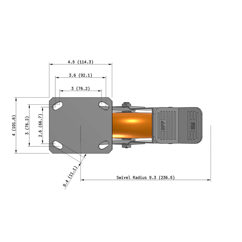8"x2" Kingpinless Ergonomic Caster 9.5 OAH – USA Rig, MAX-Efficiency Orange Poly Wheel, Face Brake