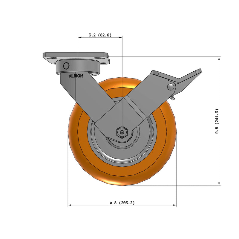8"x2" Kingpinless Ergonomic Caster 9.5 OAH – USA Rig, MAX-Efficiency Orange Poly Wheel, Face Brake