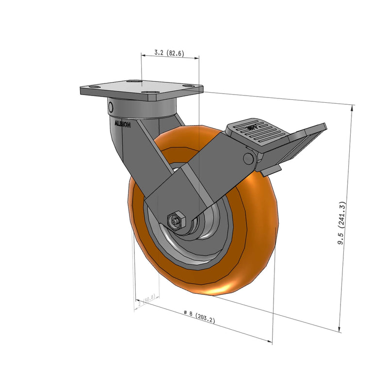 8"x2" Kingpinless Ergonomic Caster 9.5 OAH – USA Rig, MAX-Efficiency Orange Poly Wheel, Face Brake