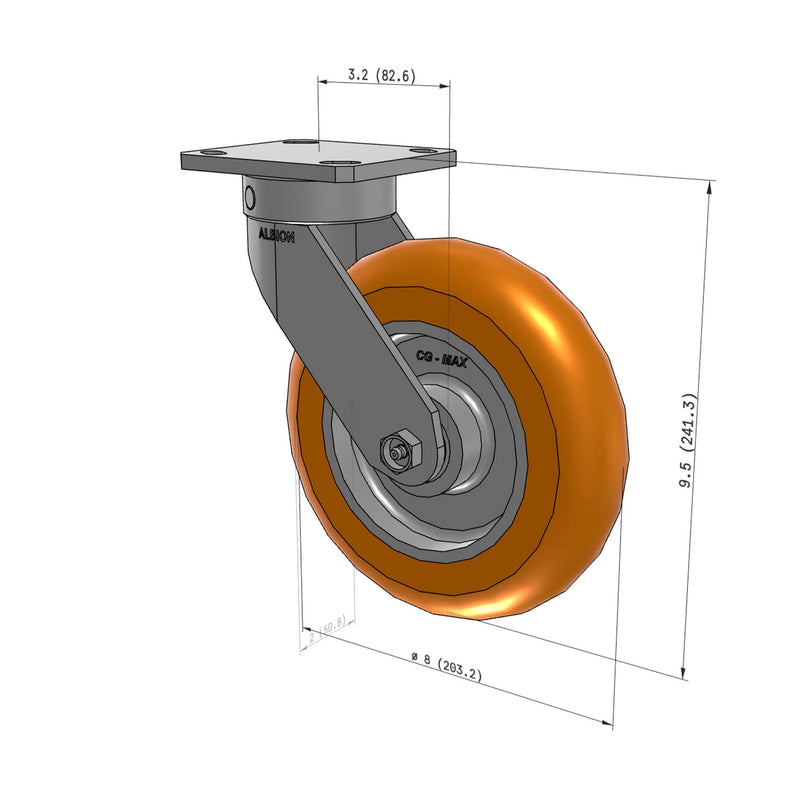 8"x2" Kingpinless Ergonomic Caster 9.5 OAH – USA Rig, MAX-Efficiency Orange Poly Wheel